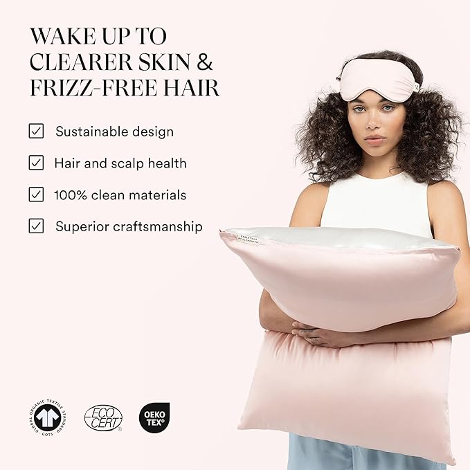 Clementine Sleepwear Essentials Organic Queen Size Pillowcase Ballet Pink | Two-Tone Bamboo and Silver Ion Silk for Acne-Prone Skin, Anti-Aging, and Hydrated Hair and Skin