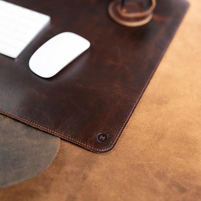 moonster 100% Full Grain Buffalo Leather Desk Pad with Ballpoint Pen & Pen Holder ā 31 x 16 in Office Desk Mat, Large Mouse Pad, Non-Slip Desk Blotter, Laptop Table Protector, Desk Cover for Work