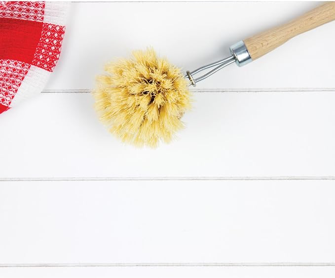 HIC Kitchen Natural Bristle Veggie and Dish Scrub Brush, Non-Scratch Natural Tampico Bristles with Wooden Handle