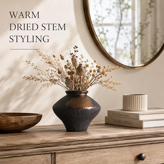 Black Wabi Sabi Vase, Small Rustic Ceramic Vase for Home Decor, Textured Black Pottery-Inspired Decorative Vase for Shelf Coffee Table Console Entryway Curated Modern Decor