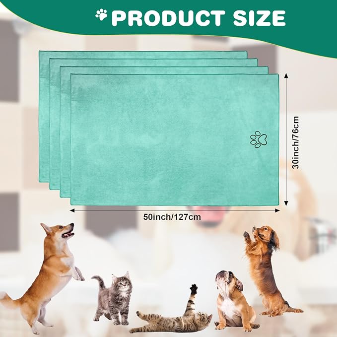 Chumia 4 Pack Dog Towels for Drying Large Microfiber Grooming Tools Absorbent Soft Bath Supplies with Embroidered Paw for Small Medium Pet Products (30 x 50 Inch,Light Green)