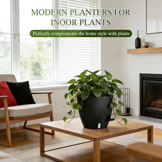 Self Watering Pots with Drainage Holes, 2 Pack 8 Inch Plant Pots with Water Level Indicator Deep Reservoir, Large Plastic Planter for Indoor Outdoor Plants - Black