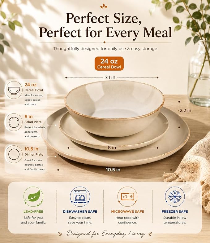 AmorArc Ceramic Dinnerware Sets,Handmade Reactive Glaze Stoneware Plates and Bowls Sets,Highly Scratch Resistant | Dishwasher & Microwave Safe Dishes Set,Service for 4 (12pc)
