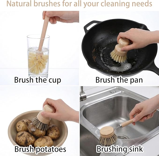 7-Piece Bamboo Dish Brush Set, Natural Kitchen Scrub Brush Kit with Wooden Handle for Pots, Pans, Vegetables, Eco-Friendly Cleaning Tools