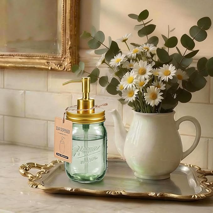 SheeChung Mason Jar Green Glass Soap Dispenser, Stainless Steel Pump, Refillable Dish soap Dispenser for Kitchen, 16Oz Bathroom Hand Soap Dispenser for Lotion, Liquid, Farmhouse Decor-Gold, 2 Pack