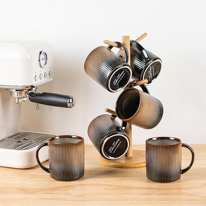 theterra Ceramic Coffee Mugs Set of 4, 14.2oz Handmade Coffee Cups with Handle for Latte, Tea, Milk, Beer, Hot Cocoa, Coca Mocha