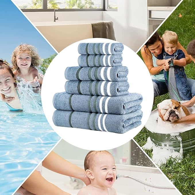 CASA COPENHAGEN Exotic 6Pcs 100% Egyptian Cotton Designer Towels Gift Set- Dusty Blue, 550GSM,2Bath2Hand2Washcloths,Bath Towels for Bathroom (Box Pack,Gift Ribbon Set for Women & Men)