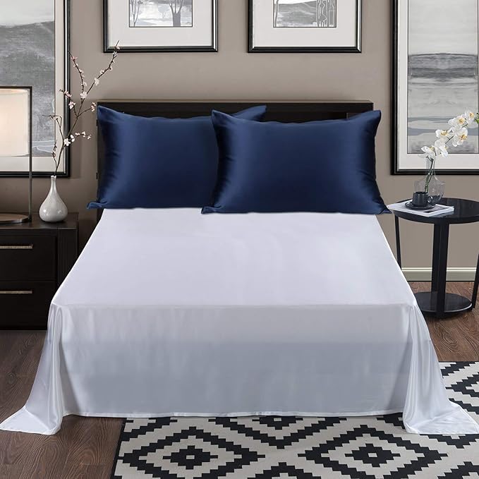 ALASKA BEAR Silk Pillowcase Envelope Closure, 22 Momme 100 Percent Mulberry Silk Pillow Slip Foldover Design, Washable and NO Zipper, King(1, Navy)
