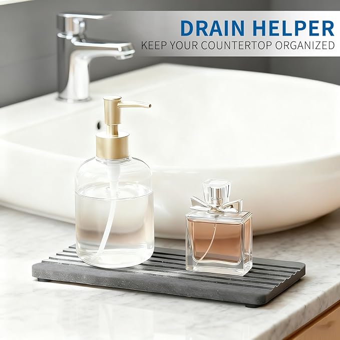 Hand Soap Holder for Bathroom, Water Absorbing Stone Drying Tray, Fast Drying Diatomite Stones Soap Trays for Countertop, 4x8 Inch Rectangle Grooved Design, with Non-Slip Pad, for Bathroom Sink