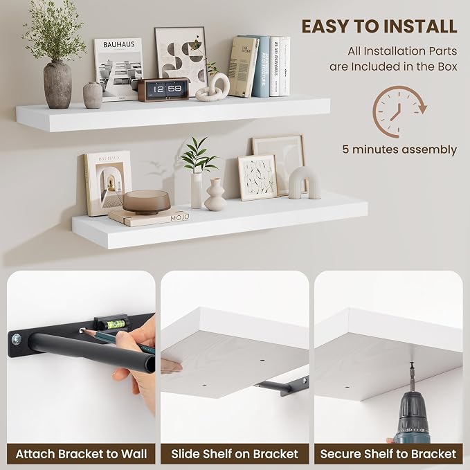 Fun Memories 24 x 10 Floating Shelves Wall-Mounted - Rustic Wood Shelf - 10 Inch Deep Floating Shelves for Wall - Large Storage Shelf for Bathroom - Kitchen & Bedroom - White - Set of 2