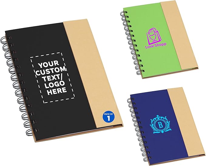 DISCOUNT PROMOS Custom Eco Friendly Spiral Notebooks with Pens Set of 1, Personalized- Perfect for Business, Office, Home - Black