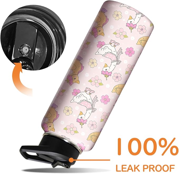 40oz Pink Duck Water Bottle with Handle and Flip Straw, Animal Sports Stainless Steel Insulated Cup Travel Coffee Mug Tumbler, Birthday Mothers Day Chritmas Gifts for Women