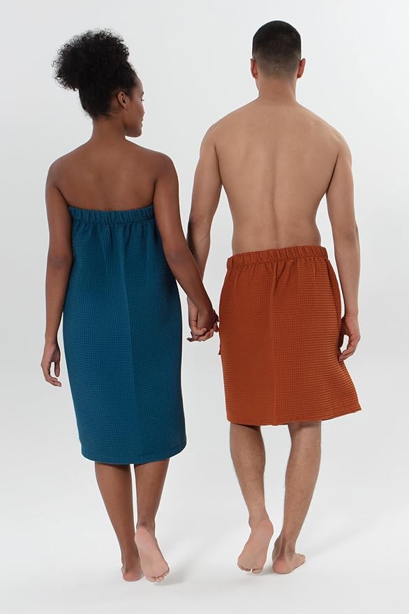 SEYANTE Men's Organic Waffle Spa Wrap – GOTS Certified 100% Turkish Cotton, Adjustable Closure, Same-Color Piping