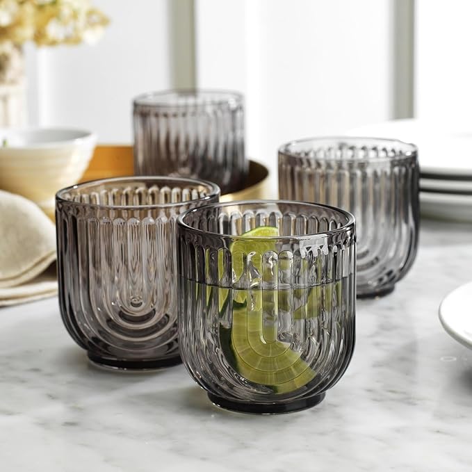 16 Piece Smoke Glassware Set, Beautiful Art Deco Black Drinking Glasses, Ribbed U-Shape Design, 8 Highball 17oz and 8 Whiskey 11oz DOF Handwash Only