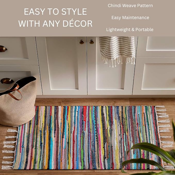 Cotton Chindi Rug - Boho Rustic Area Accent Throw Rug - Area Floor Carpet for Bedroom Living Room Kitchen Dorm Entryway Hallway - 20x32 inch Hand Woven Reversible Area Rug Multi Color