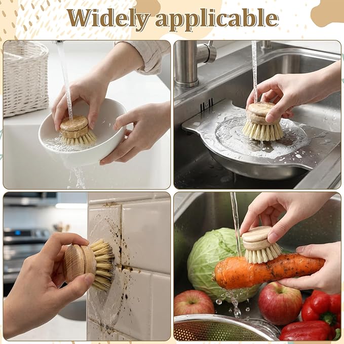 8 Pcs Bamboo Dish Brush with Handle, Natural Sisal Bristle Scrubber Includes 7 Replacement Brush Heads Wooden Kitchen Dish Brushes for Pots, Pans, Bowls, Dishes Cleaning