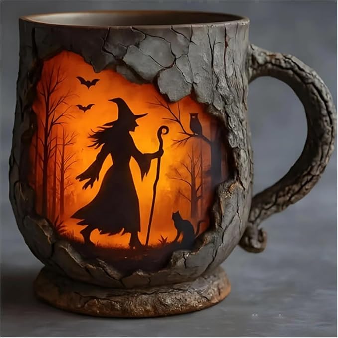 Bigfoot Forest Flame Tree Bark Mug – Handmade 3D Ceramic Coffee Cup, Unique Bigfoot Gift for Outdoor Lovers (Gorilla Mug)