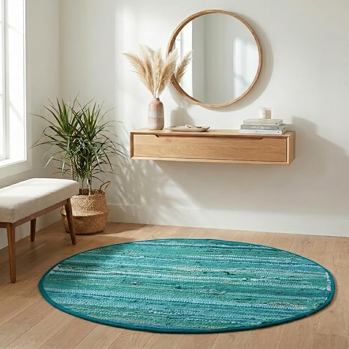 Cotton Hand Woven Chindi Area Rug 4 Feet Round - Teal, Reversible Circle Green Dinning Space Floor Rugs Ideal for Bedroom, Living Room, Kitchen | Large Farmhouse Recycled Patio Mats for Balcony Décor