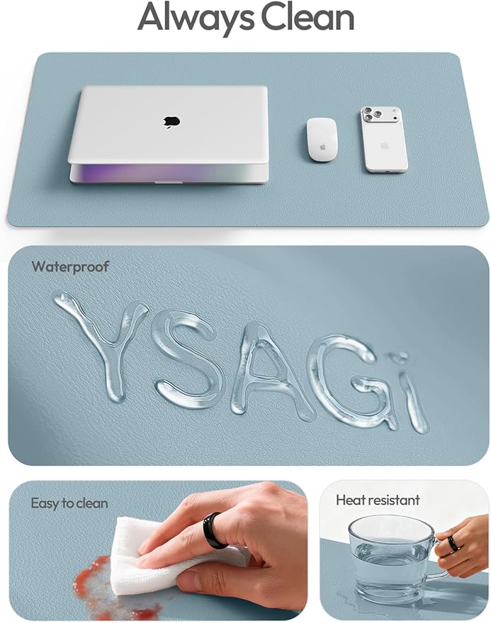 YSAGi Leather Desk Protector, Office Mat, Large Mouse Mat, Non-Slip PU Leather Blotter, Laptop Desk Mat, Waterproof Writing Pad for Office and Home(Ice Blue, 40" x 24")