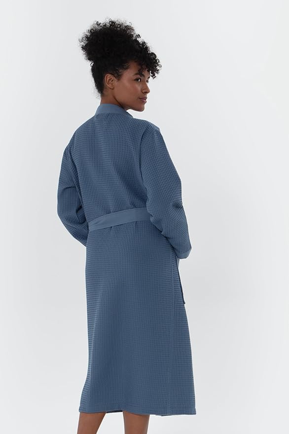 SEYANTE Women's Organic Cotton Waffle Kimono, Hooded Robe – GOTS Certified Lightweight Full-Length Spa Bathrobe with Piping