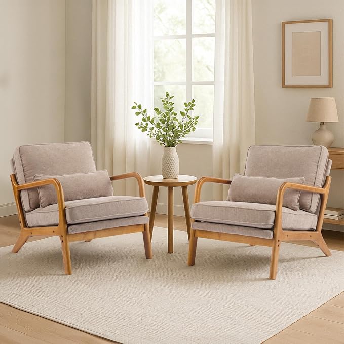 Karl home Mid-Century Modern Accent Reading Chair, Khaki | Chenille Upholstered, Solid Wood Frame, Soft Cushion, Lumbar Pillow, Lounge Armchair for Living Room, Bedroom, Balcony, Study