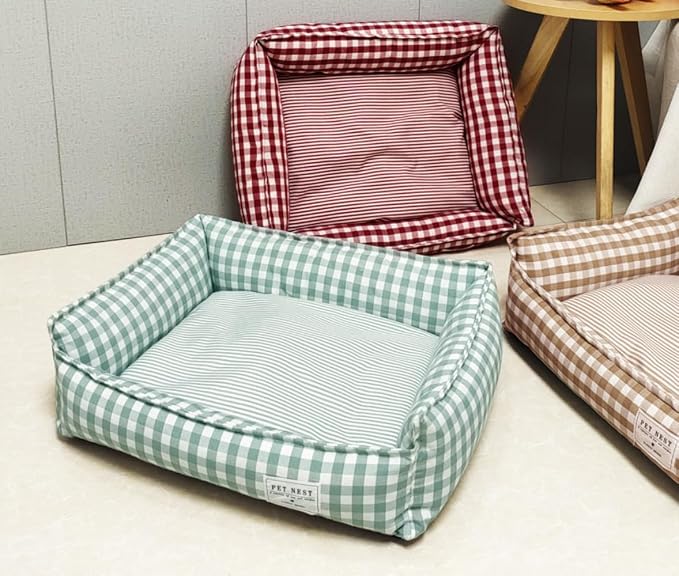 Orthopedic Rectangle Dog Bed for Medium Small Dogs, Plaid Plush Modern Puppy Sofa Bed with Anti-Slip Bottom, Cute Calming Pet Bed(Green,Large)