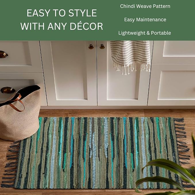 Cotton Chindi Rug - Boho Rustic Area Accent Throw Rug - Area Floor Carpet for Bedroom Living Room Kitchen Dorm Entryway Hallway - 20x32 inch Hand Woven Reversible Area Rug Green Multi