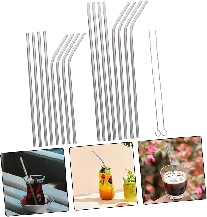 ULTECHNOVO Reusable Stainless Steel Beverage Straws with Cleaning Brushes, 18pcs Set, Sturdy Metal Drinking Straws for Tumblers, Water Bottles, and Travel Use