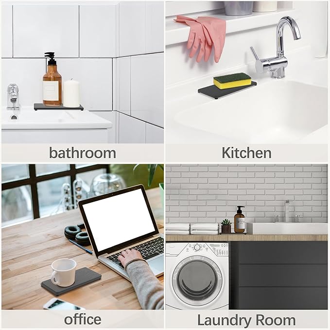 NiuYichee 2 Pcs Water Absorbing Stone Trays, Kitchen/Bathroom Sink Soap Dish, Diatomite Tray Used for Hand Soap & Cosmetic Bottles in The Modern Home, 4" W x 8.3" L, Dark Gray