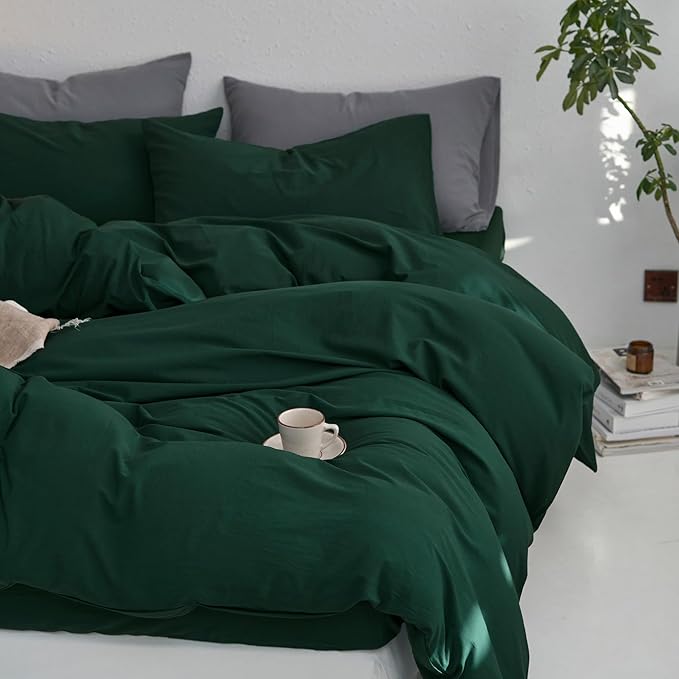 MooMee King Duvet Cover Set, 100% Washed Cotton Linen Like Twill Thick Sturdy Material Super Soft Breathable Durable Bedding for All Season, 3 Pieces (Forest Green, King 104"x90")