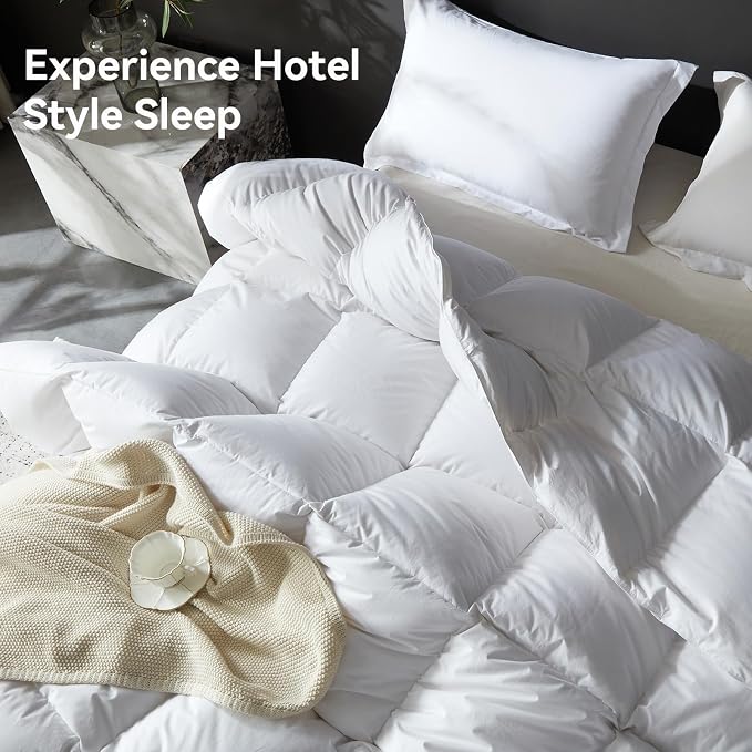 L LOVSOUL Goose Feather Down Fiber Comforter Full Size, 100% Organic Cotton Fabric Duvet Insert,1200TC,750+FP, Hotel Collection, Heavyweight White Bedding Comforters with 8 Tabs,72oz