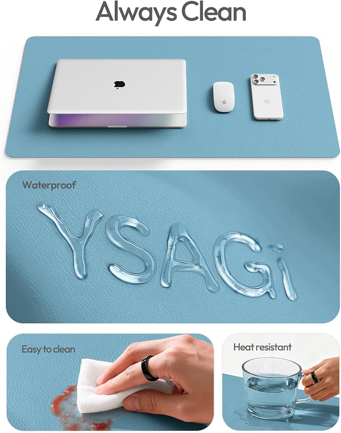 YSAGi Leather Desk Pad Protector, Office Desk Mat, Large Mouse Pad, Non-Slip PU Leather Desk Blotter, Laptop Desk Pad, Waterproof Desk Writing Pad for Office and Home (Sea Blue,55" x 24")
