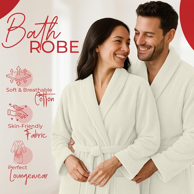 RIVERSIDE Premium 100% Cotton Terry Bathrobe For Women and Men - Soft Towel Robes with Shawl Collar Ajdustable Belt & Pockets