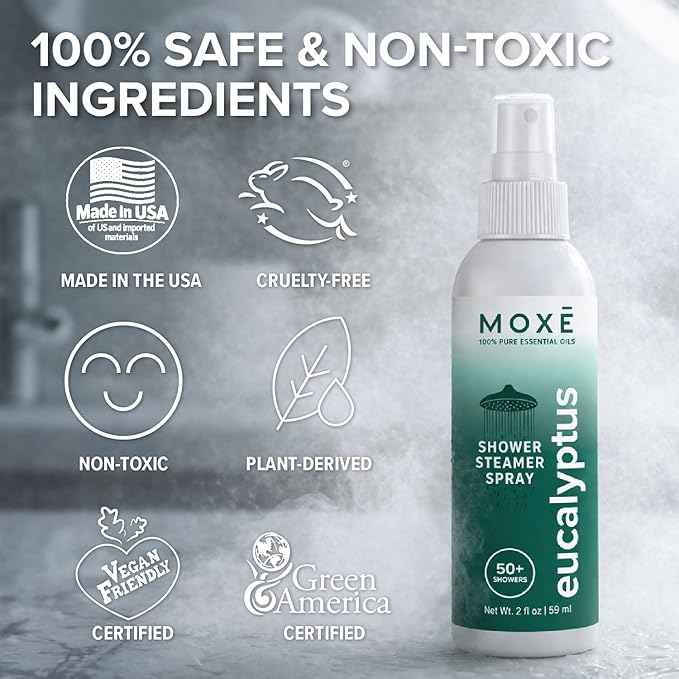 MOXĒ Shower Steamer Spray Eucalyptus Essential Oil Shower Spray – Relaxing Aromatherapy Mist for Home Spa Experience – Pure Plant Based Fragrance for Daily Routine – 1 Pack, 2oz