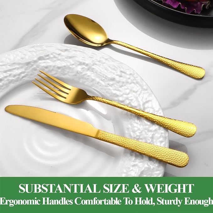 20 Pcs Gold Silverware Set for 4, Food Grade Stainless Steel Flatware Set, Eating Utensils Sets Include Fork/Knife/Spoon, Reusable Cutlery Set for Home Kitchen, Dishwasher Safe, Wave Hammered