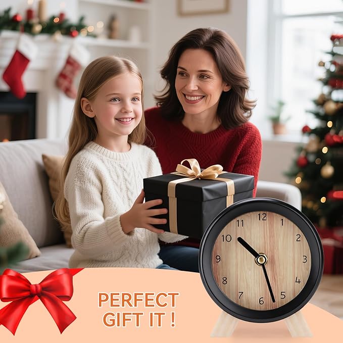 Maxspace Wooden Analog Clock, Small Silent Bedside Desk Clock Battery Operated, Elegant and Decorative Table Clock with Wooden Frame for Living Room, Bedroom, Bedside, Desk (Black)