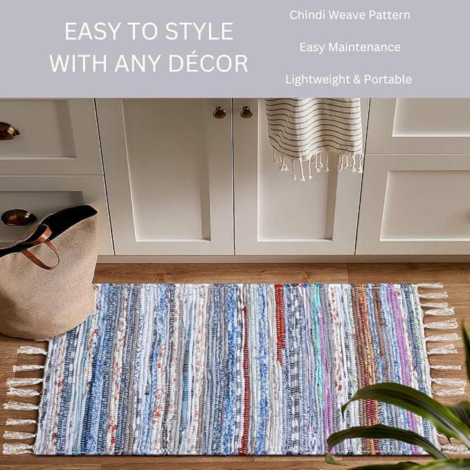 Cotton Chindi Rug - Boho Rustic Area Accent Throw Rug - Area Floor Carpet for Bedroom Living Room Kitchen Dorm Entryway Hallway - 20x32 inch Hand Woven Reversible Rug Pastel Multi Color