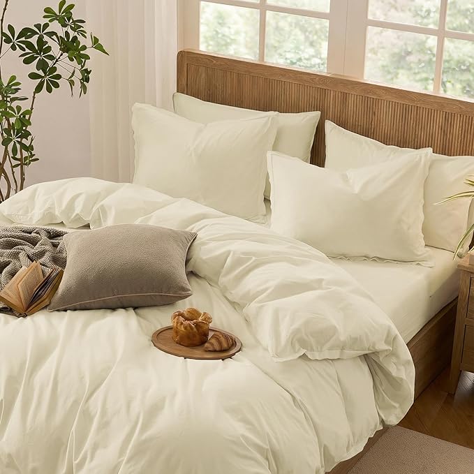 Duvet Cover Set Twin Size, 100% Washed Cotton, Light Weight Breathable Comforter Cover Linen Feel,2PCs Breathable Bedding Set for All Season, Frosted Almond 68"x90"