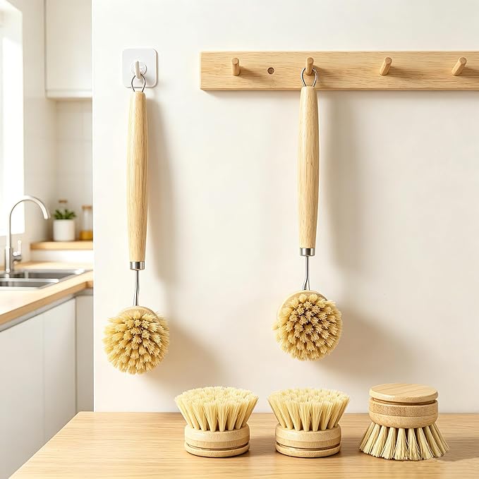 Bamboo Dish Brush with 3 Replacement Heads, Plastic-Free Kitchen Scrub Brush with Long Handle, Natural Sisal Bristle Bamboo Brush for Pans, Dishes, Pot,Veggie and Fruit