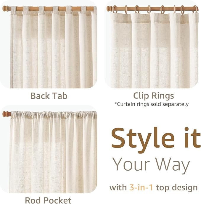 jinchan Beige Linen Blend Curtains 96 Inches Length 2 Panels Floor to Ceiling Curtains for Bedroom Living Room, Semi Sheer 50 Inches Wide Natural Farmhouse Drapes Rod Pocket Back Tab (50W x 96L, Ecru)