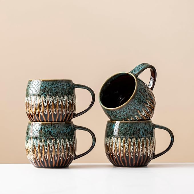 20oz Large Coffee Mug - Unique Handcrafted Look Ceramic Cup, Large Tea Mug, Microwave & Dishwasher Safe (blue,Set of 4)