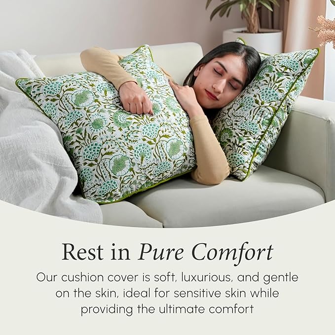 CPC 100% Cotton Throw Pillow Covers 16x16 Inch, Set of 2 Pink Block Print Pattern Couch Pillow, Cute Boho Decorative Pillows for Living Room, Bedroom with Hidden Zipper- Agate Green