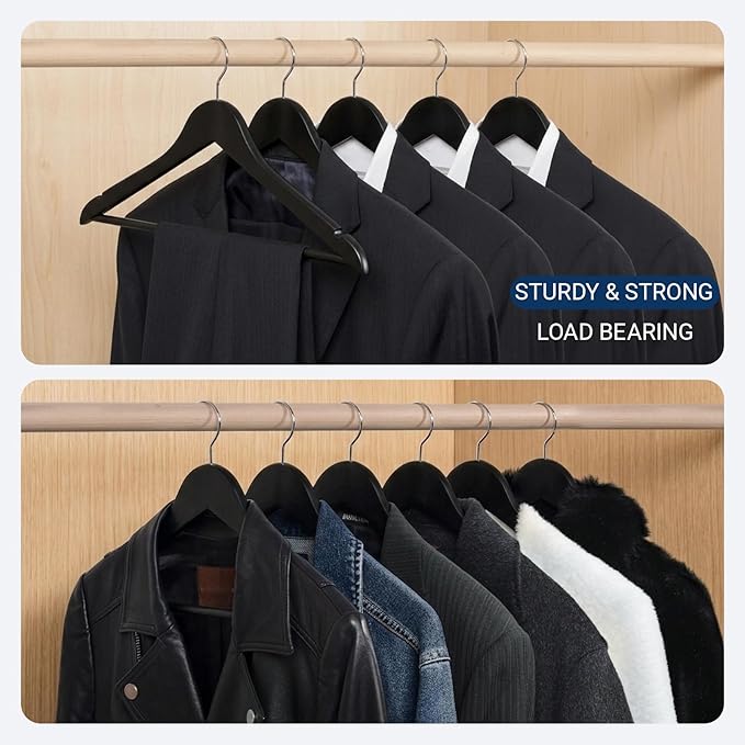 Amber Home Solid Wood Suit Coat Hangers 30 Pack, Smooth Black Finish Wooden Dress Hangers with Non Slip Pant Bar, Clothes Hangers with 360 Swivel Hook & Notches for Jacket, Pant, Shirt (Black, 30)