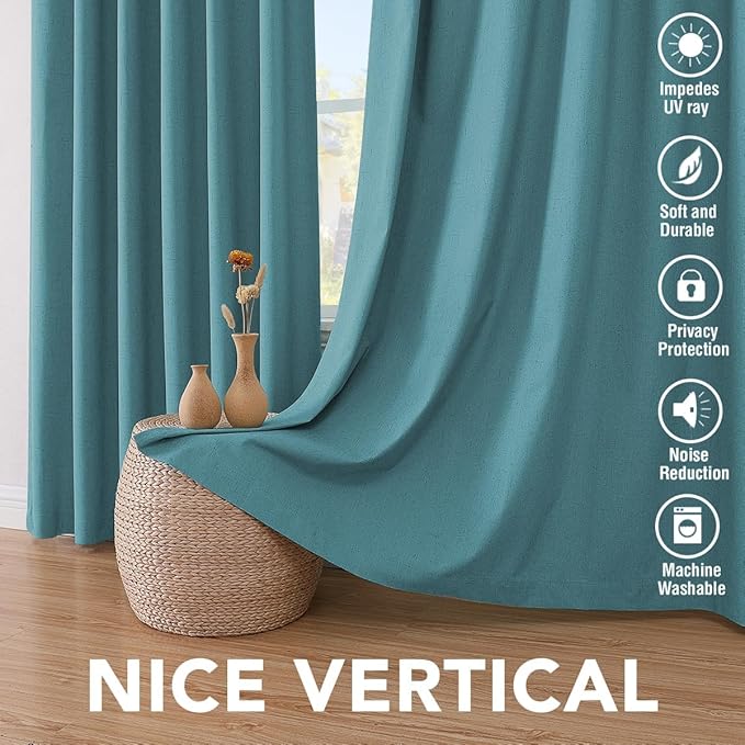 H.VERSAILTEX Blackout Curtains Linen Curtains 120 inches Long 100% Black Out Curtains for Bedroom Windows, Textured Linen Look Draperies Grommet with White Liner, 2 Panels, Teal