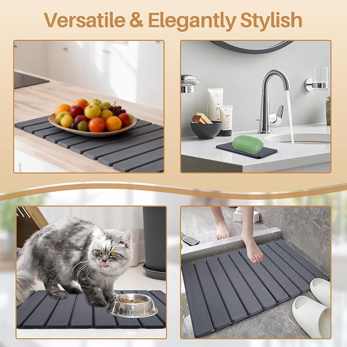 2 PCS Quick Dry Stone Dishes Mats for Kitchen Counter,Collapsible Quick Drying Dish Mats,Ultra Absorbent Diatomaceous Earth Mats for Dishes Bottles Cups, Match Any Countertop(Dark Gray 24"×16"& 8"x4")