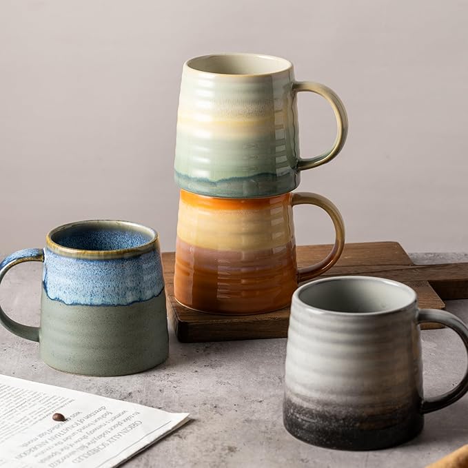 15.5 Oz Large Reactive Glaze Ceramic Mug, Heavy Weighted Stoneware Coffee Cup, Wide Base, Thick Wall Big Tea Cup with Custom Package Box, Microwave & Dishwasher Safe (Dusty Green)