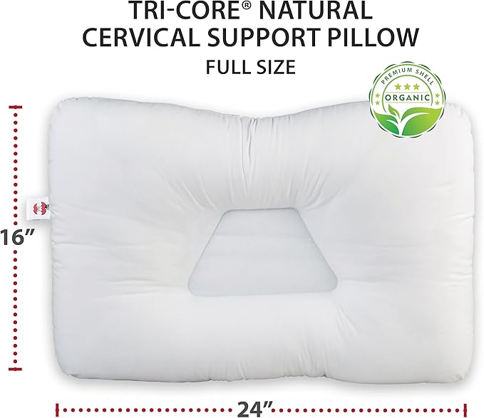 Core Products Tri-Core Natural Cervical Support Pillow for Neck Pain Organic Cotton Shell, Full Size, High Firmness