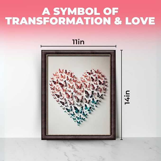 InkFlow Posters Butterfly Heart Poster - 3D Paper Butterflies in Pink, Blue, and Teal - Abstract Love Art for Bedroom, Living Room, Home - 11x14 Unframed Canvas Print