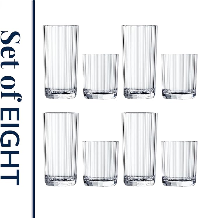US Acrylic Faceted Clear Plastic Reusable Drinking Glasses Set of 8, 14oz Rocks and 18oz Water Tumblers, BPA-Free, Made in USA, Top-Rack Dishwasher Safe