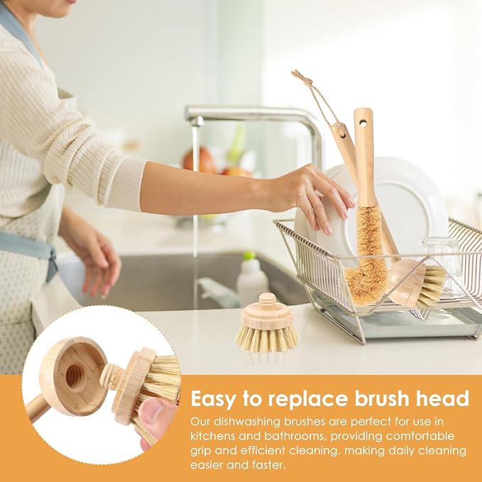 Bamboo Dish Brush Set of 3, Dish Brush Natural Bamboo Dish Scrub Brush Set with Handle, Wooden Dish Scrubber Kitchen Brush Set with Natural Bristles for Kitchen Cleaning Dish, Bottle, Pots, Pans